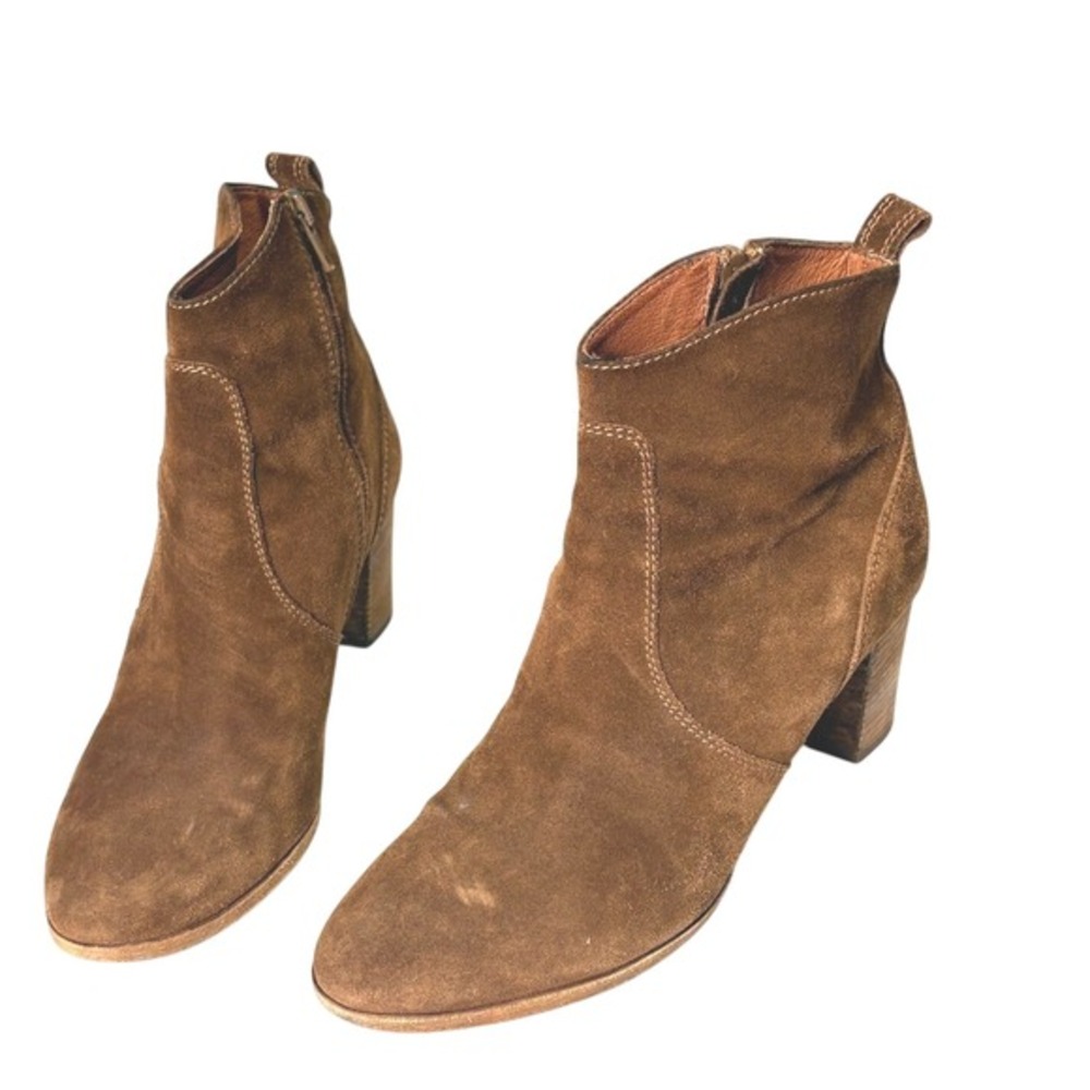 JCrew Brown Suede Ankle Boots 10 Western Boho Ranch Stacked Block Heel Italy